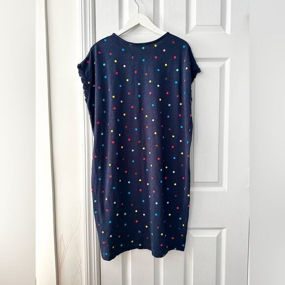 Boden Faye Navy Blue Ruffle Trim Multi Colored Polka Dot T Shirt Dress 12R J0900 - Picture 3 of 13